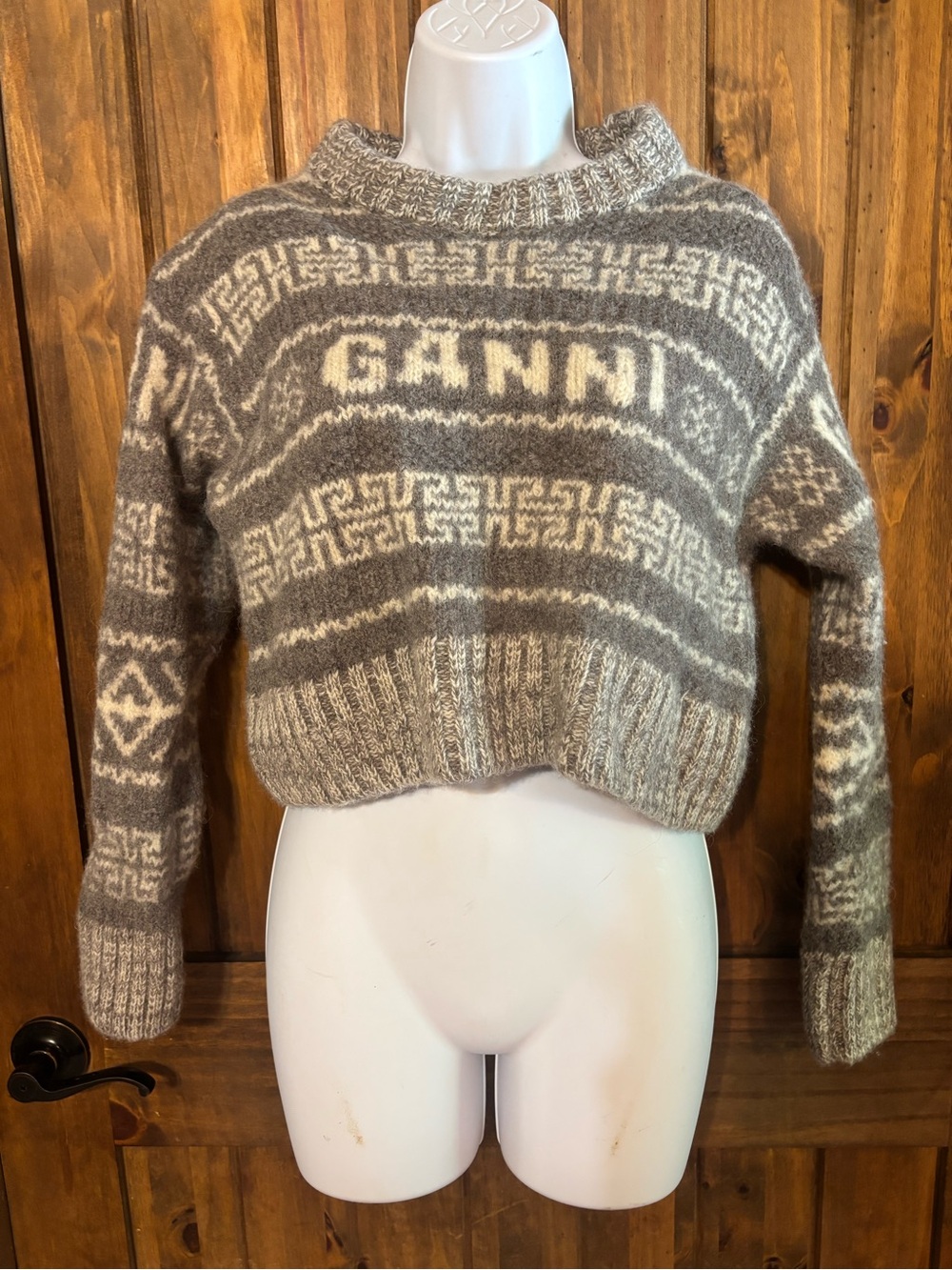 GANNI Grey Organic Wool Logo Knit Cropped Fair Isle Sweater S - Picture 2 of 16
